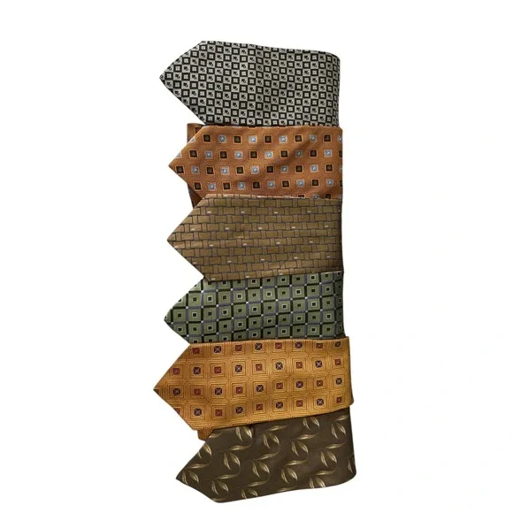 Mens Necktie Bundle Lot 6pc Gold Green Brown Geometric Leaf Professional Ties